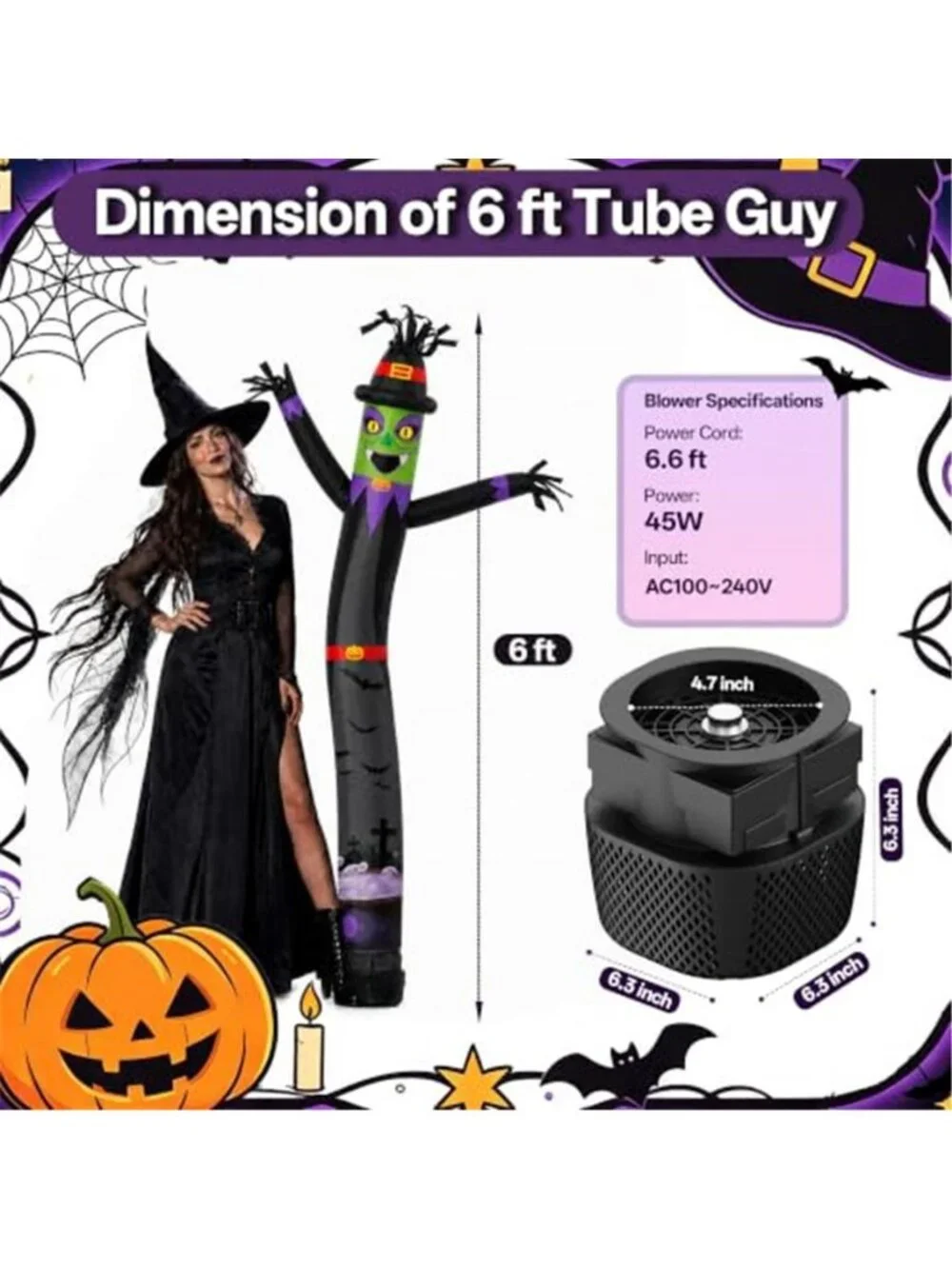 Halloween Witch Inflatable Tube Man 6ft,with 45W Blower+Green Spotlight